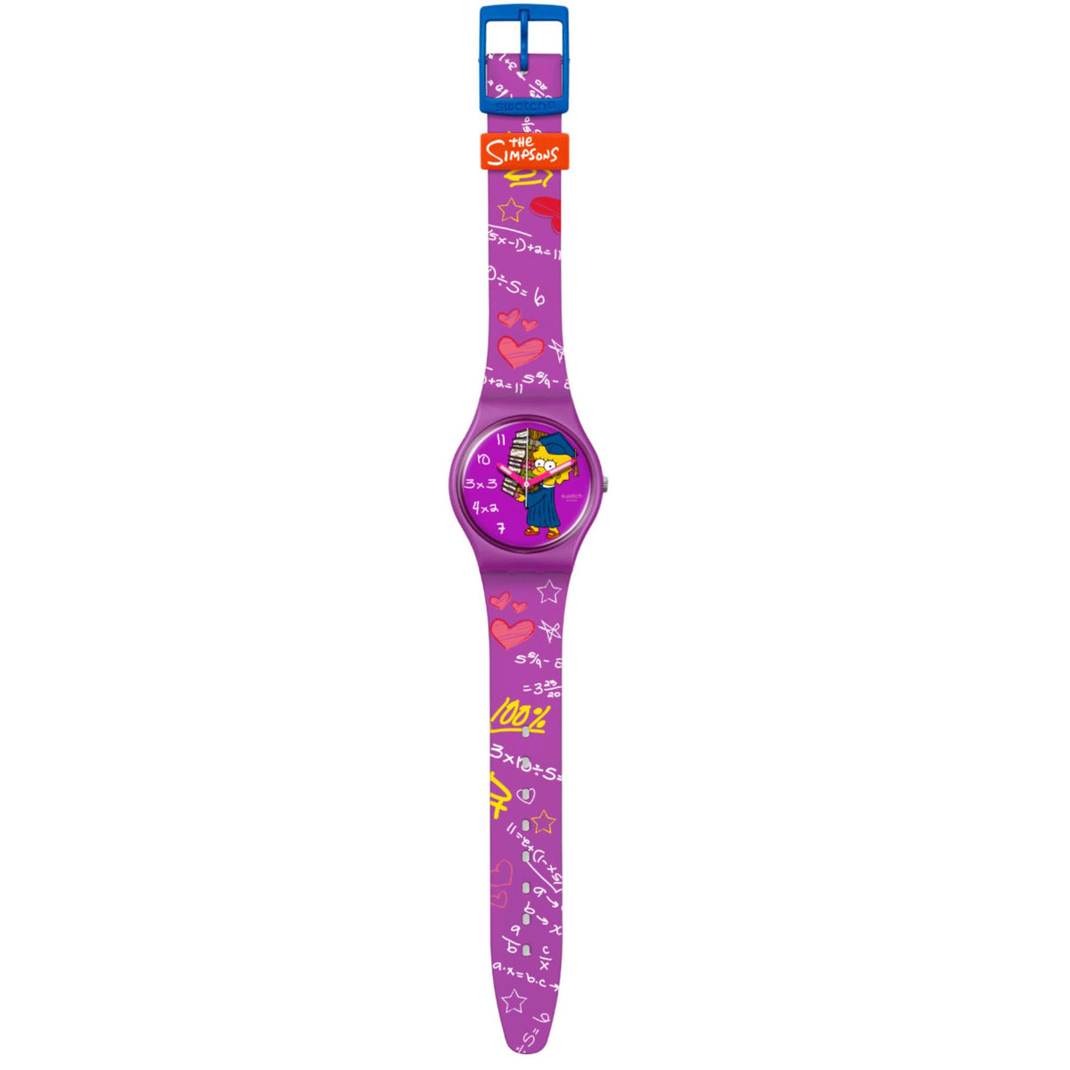 Purple Simpsons-themed Swatch watch with hearts and numbers on silicone strap