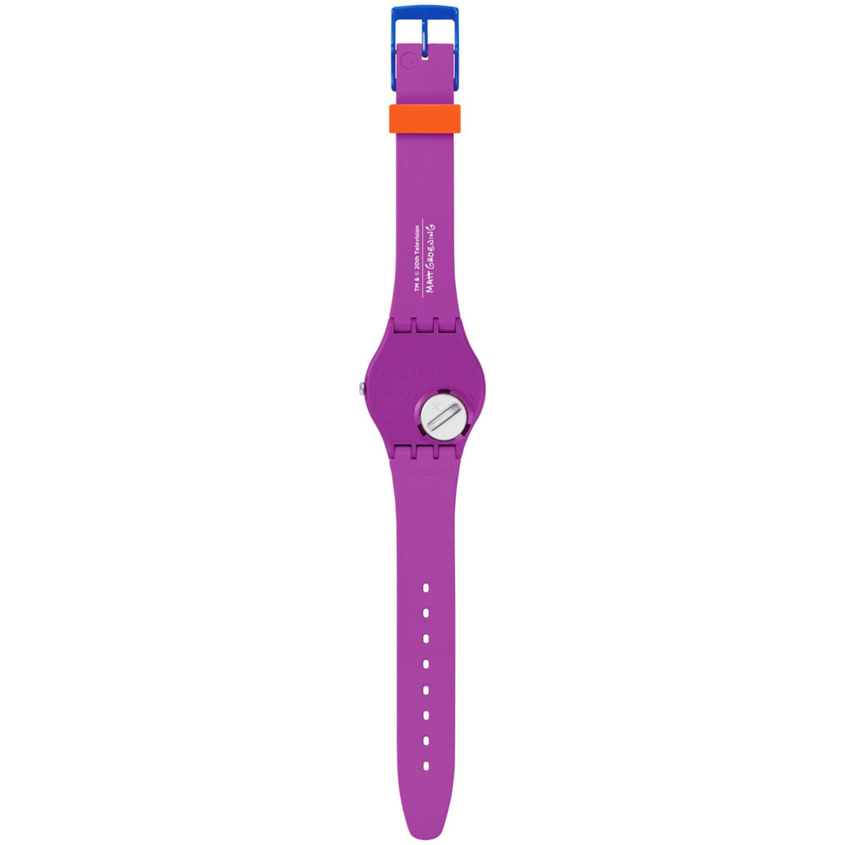 Purple Swatch watch with silicone strap, blue top and orange buckle, Lisa dial