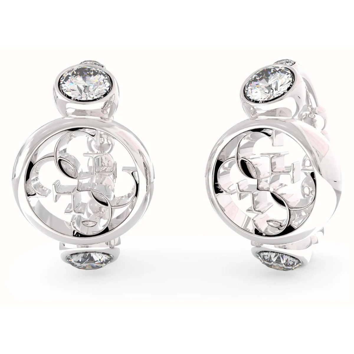 Rhodium-plated mini hoop earrings with clear crystal accents and round bezel charm