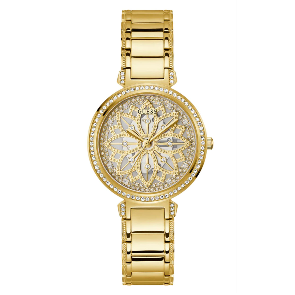 Gold tone analog watch with champagne dial, crystal bezel, and link bracelet