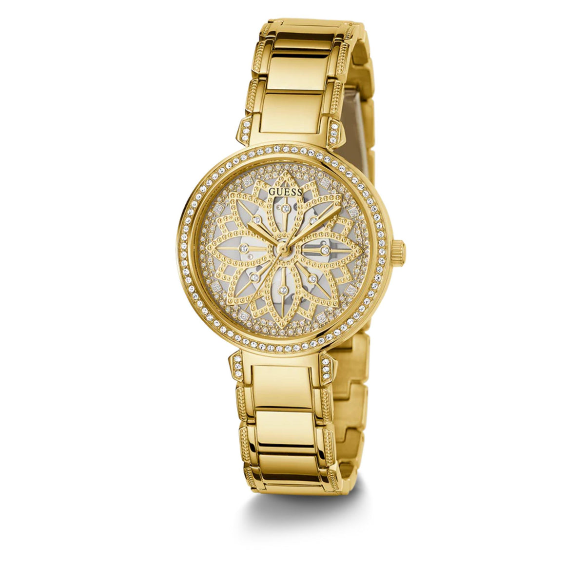 Gold tone analog watch with champagne dial and sparkling crystal-studded bezel
