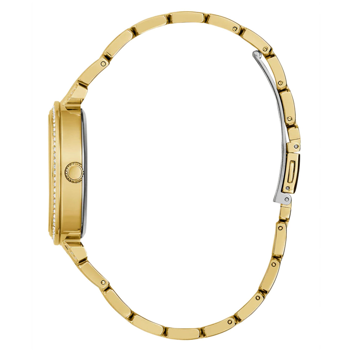Gold tone watch bracelet link band with round case side and crown detail