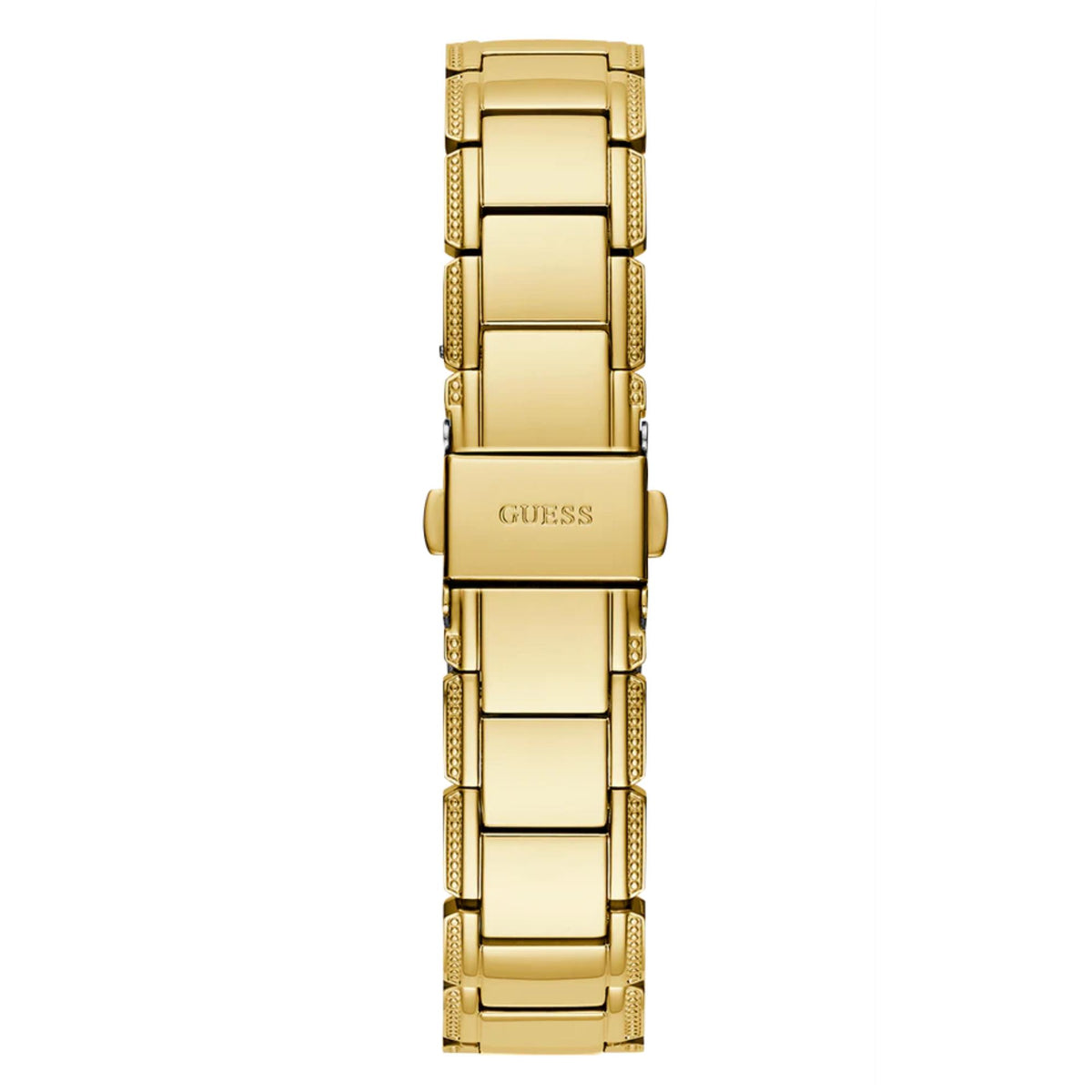 Gold tone analog watch with rectangular crown and sparkling link bracelet