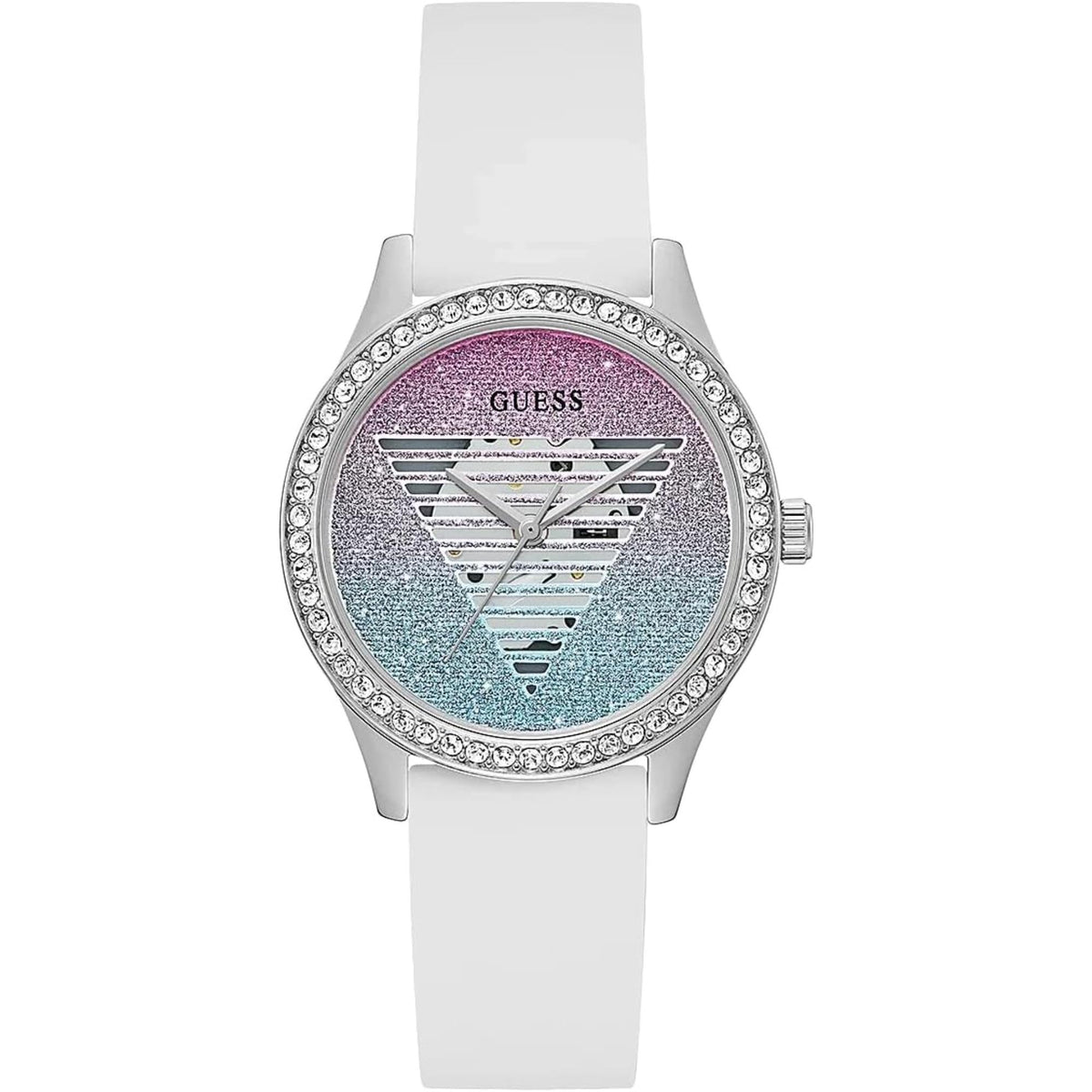 Women’s Guess glitter watch with white silicone strap, jeweled bezel, and blue-pink dial