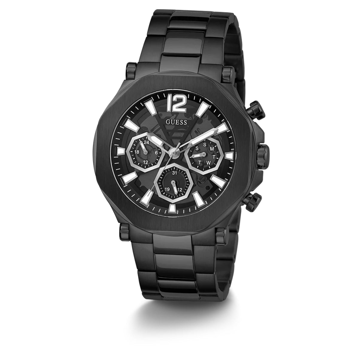 Men's GUESS chronograph watch, black dial with subdials and black steel bracelet
