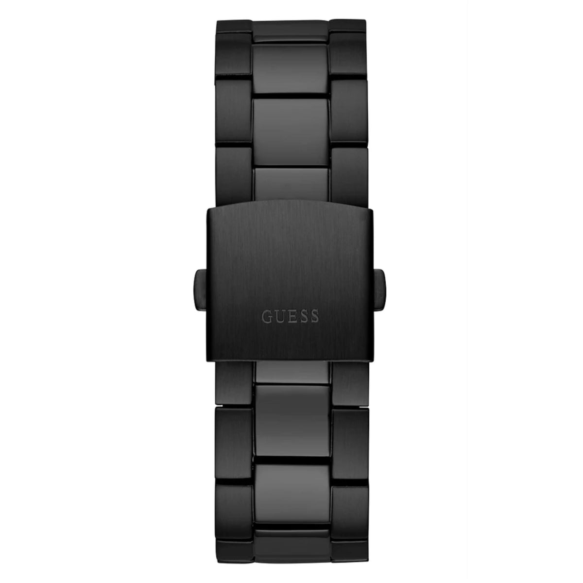 Black steel watch bracelet clasp with GUESS logo, front view
