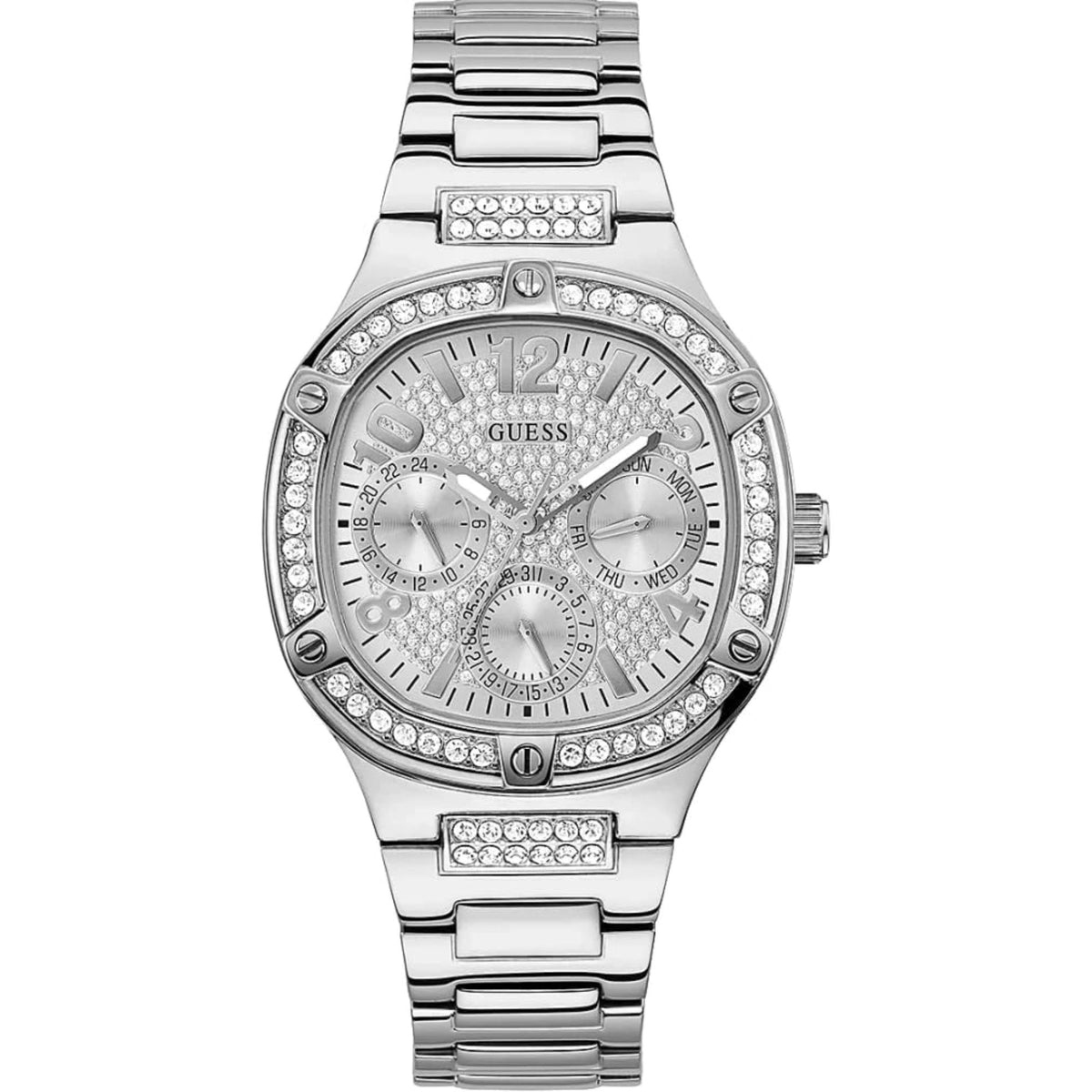 Silver crystal dial stainless steel bracelet watch with multi-dial design, Guess logo
