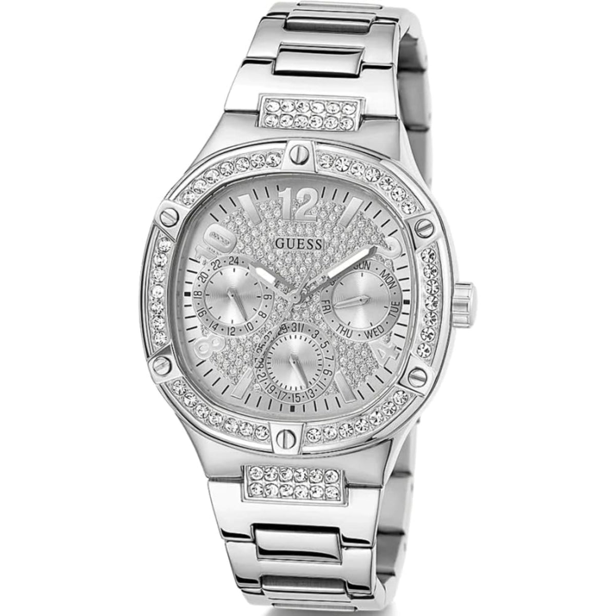 Silver crystal dial stainless steel bracelet watch, angled view with crown and Guess logo