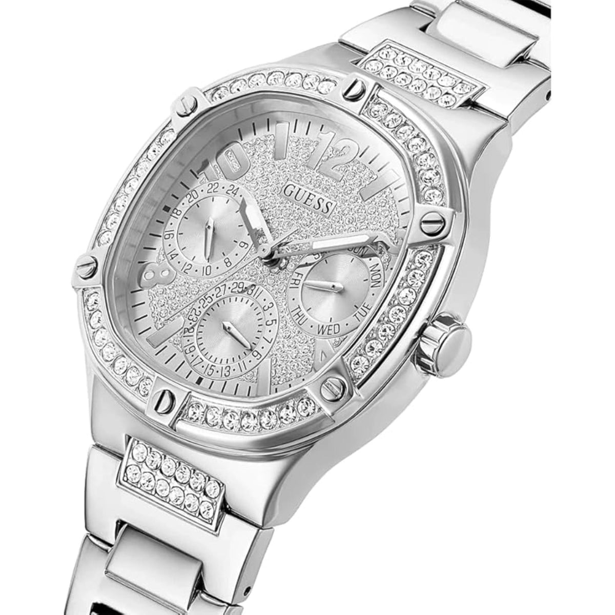 Silver crystal dial stainless steel bracelet watch, close-up dial detail with Guess logo
