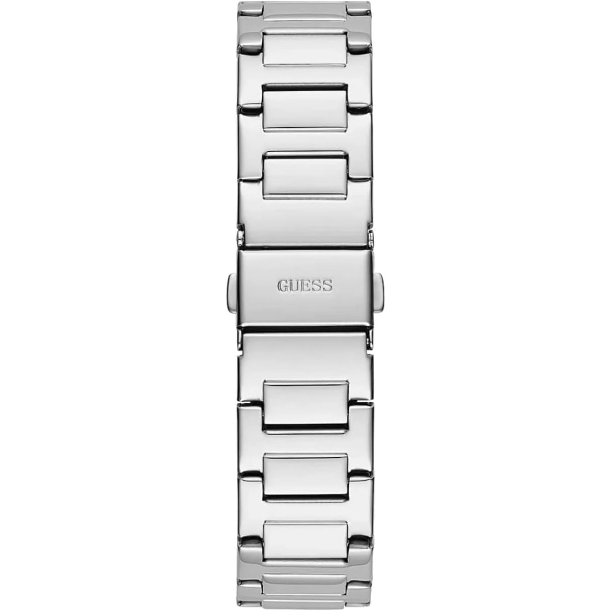 Stainless steel bracelet watch with rectangular links, Guess logo on clasp