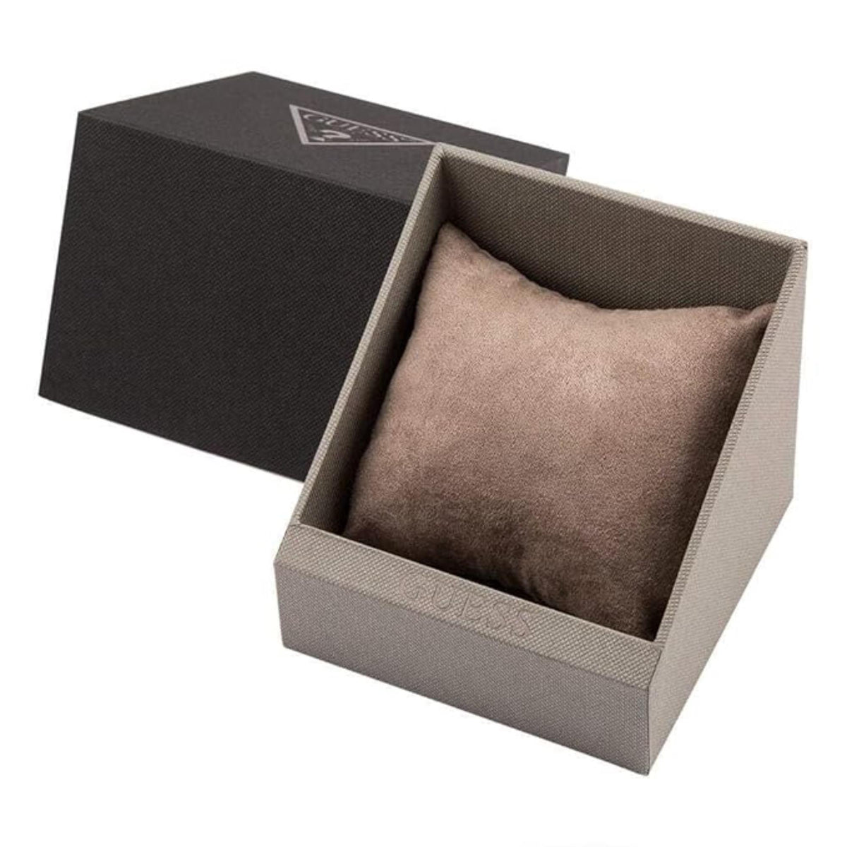 Gold and black Guess watch gift box with fabric-lined insert for storing the watch