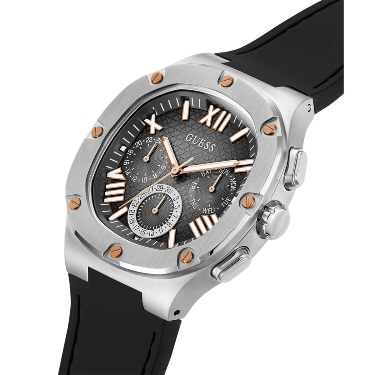 Men's textured dial watch angled view, black face with rose-gold hands, black strap