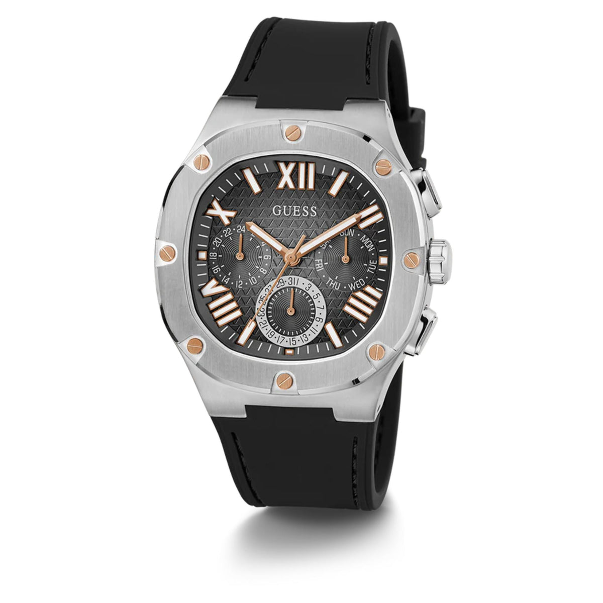 Men's textured dial watch three-quarter view, black dial, Roman numerals, black silicone band