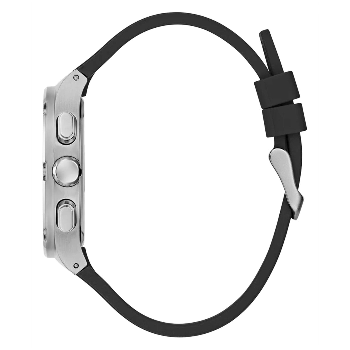 Men's textured dial watch left-side view with black silicone strap and silver case buttons