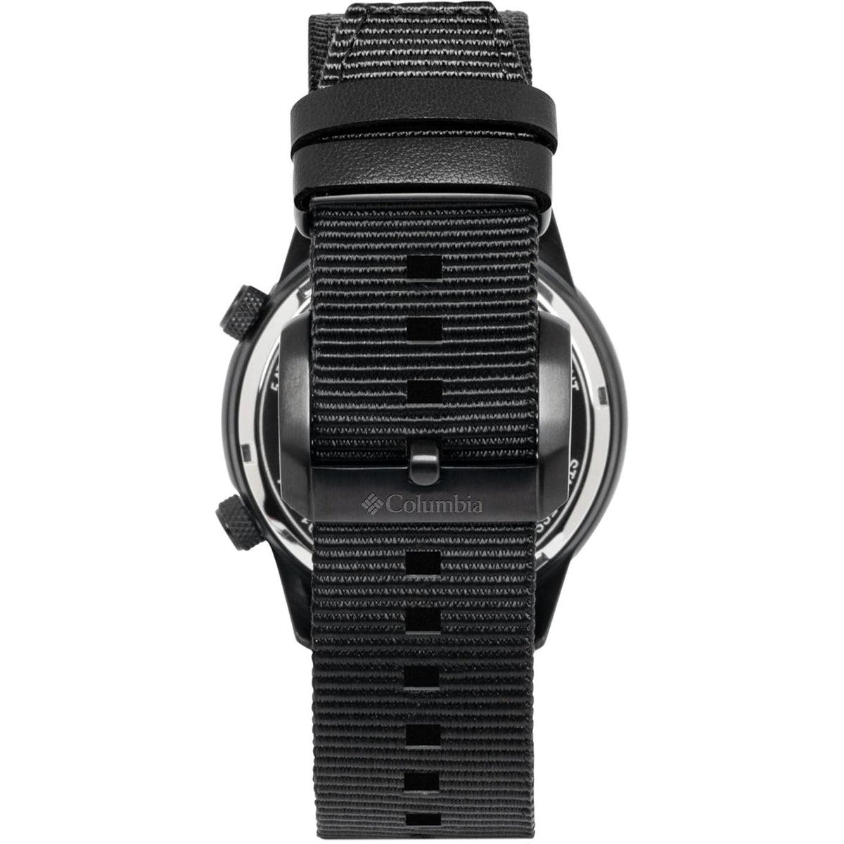 Men's black quartz watch with black nylon strap and black dial, rear view