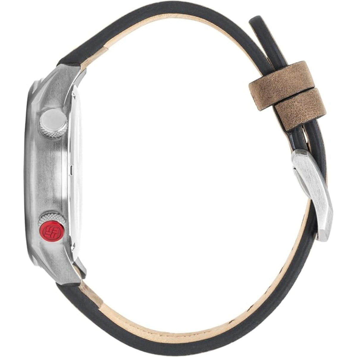 Men's quartz watch side view with brown leather strap and silver stainless case.