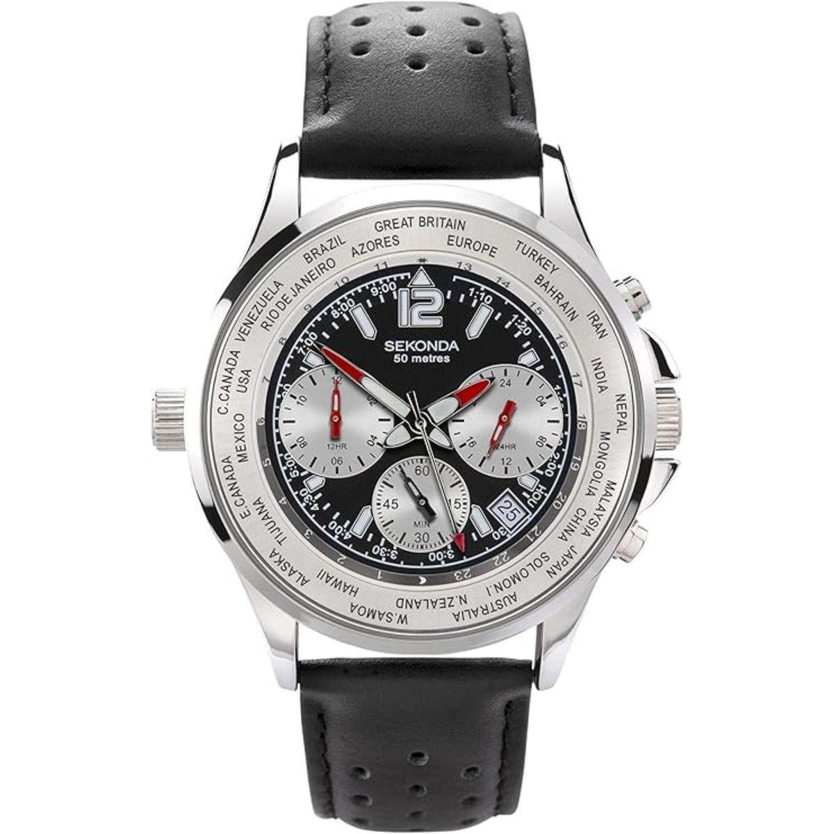 Men’s quartz watch with black dial, silver case, black leather strap and red accents