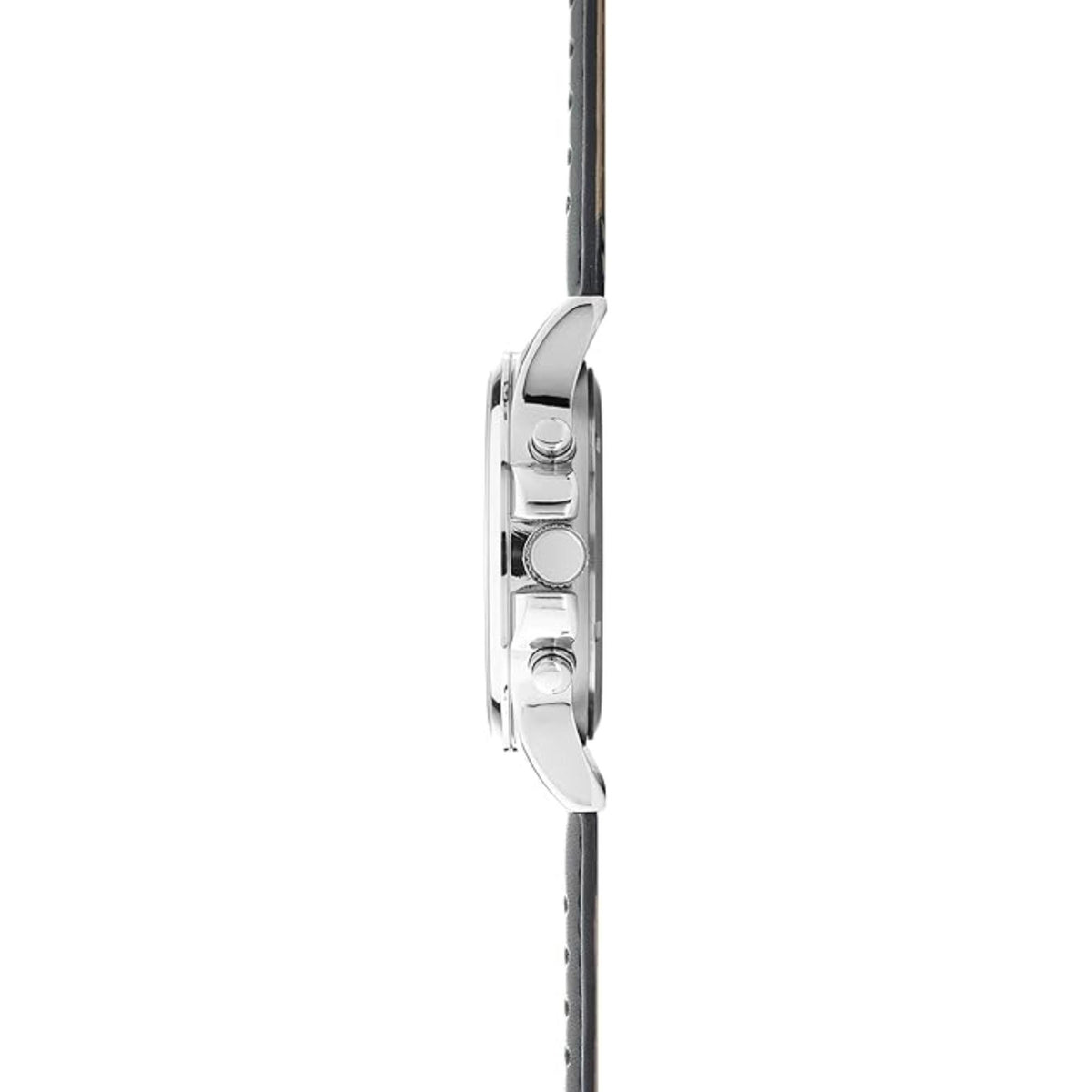 Men’s quartz watch side view with silver case and black leather strap, visible crown
