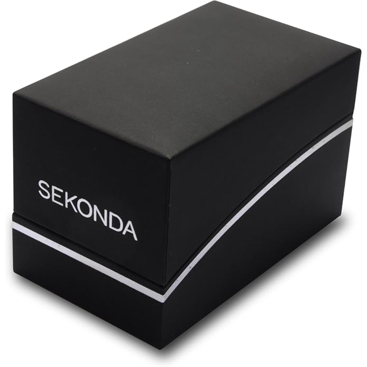 SEKONDA watch box, black finish with white logo and silver trim