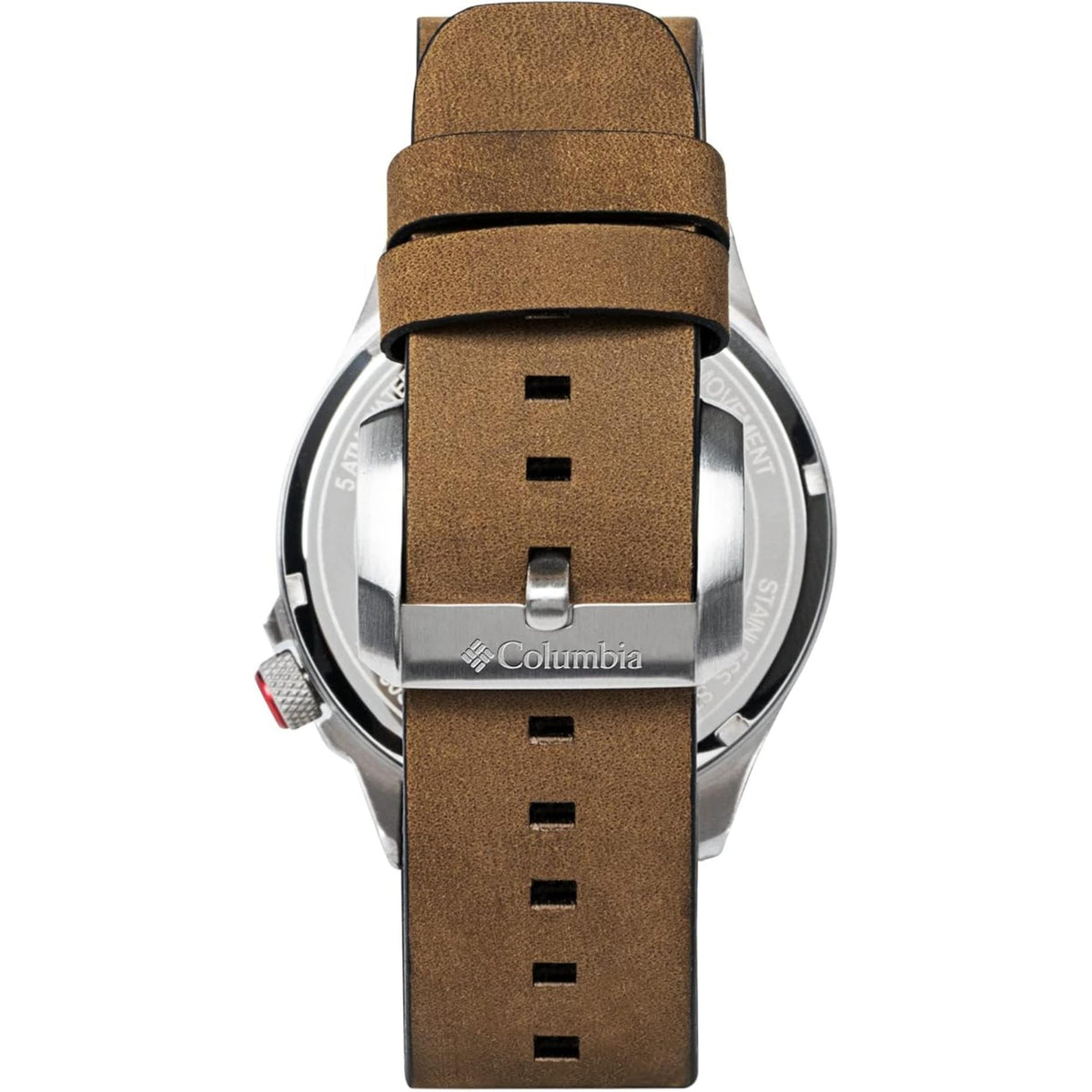 Men's watch back view with brown leather strap and metal clasp