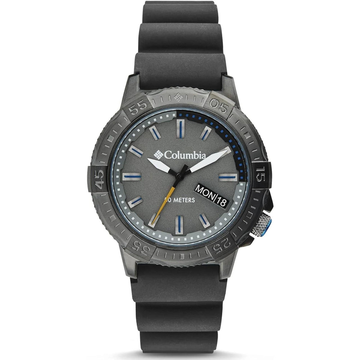 Men’s rugged sports watch with grey dial, blue accents, and dark grey silicone strap