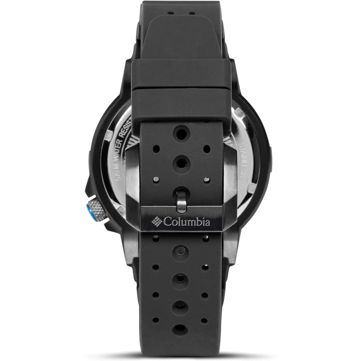 Men’s watch back view with dark grey case and grey silicone strap, dial panel visible