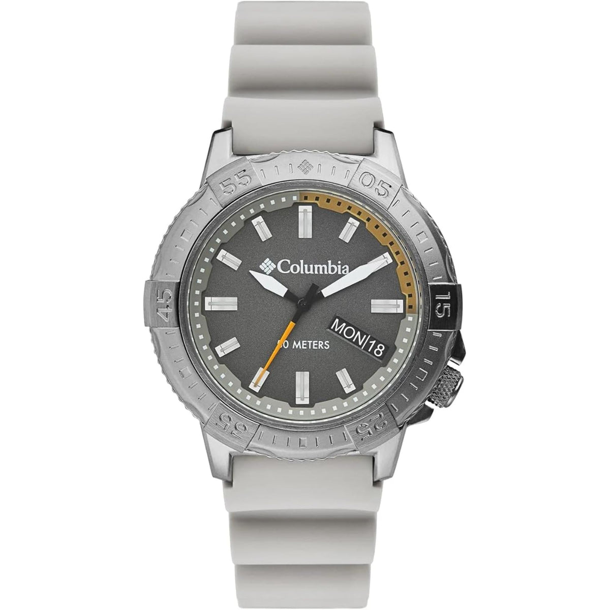 Men's quartz watch with dark gray dial, yellow accents, gray silicone strap, Columbia logo.
