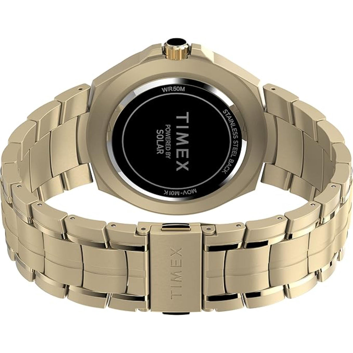 Timex City men's quartz wristwatch caseback with WR50M markings and steel bracelet