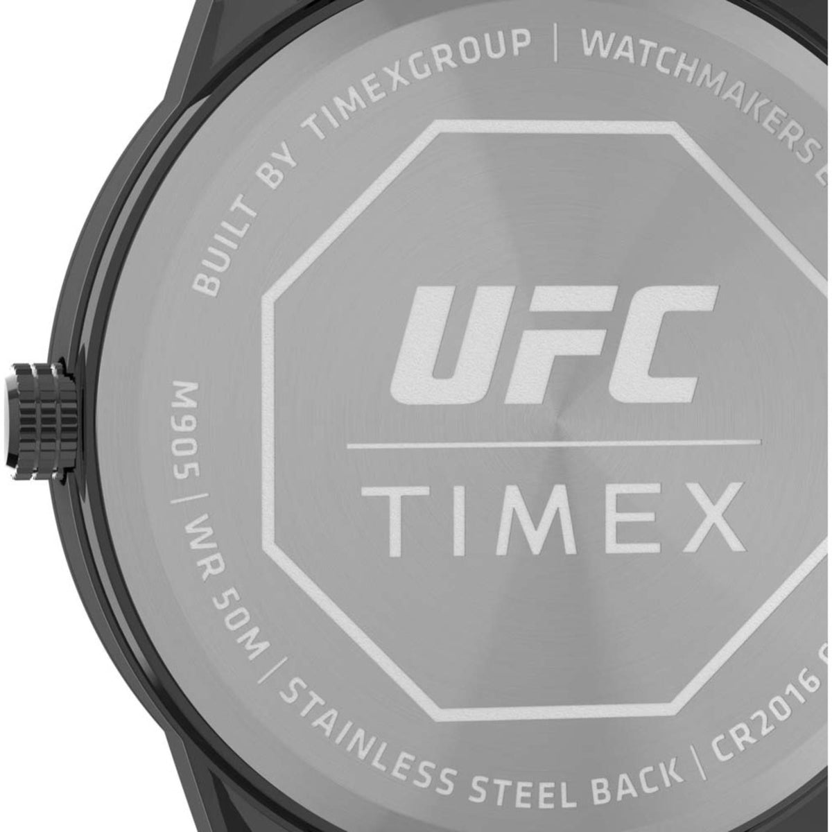 Men's black steel watch back close-up with UFC Timex logo and text