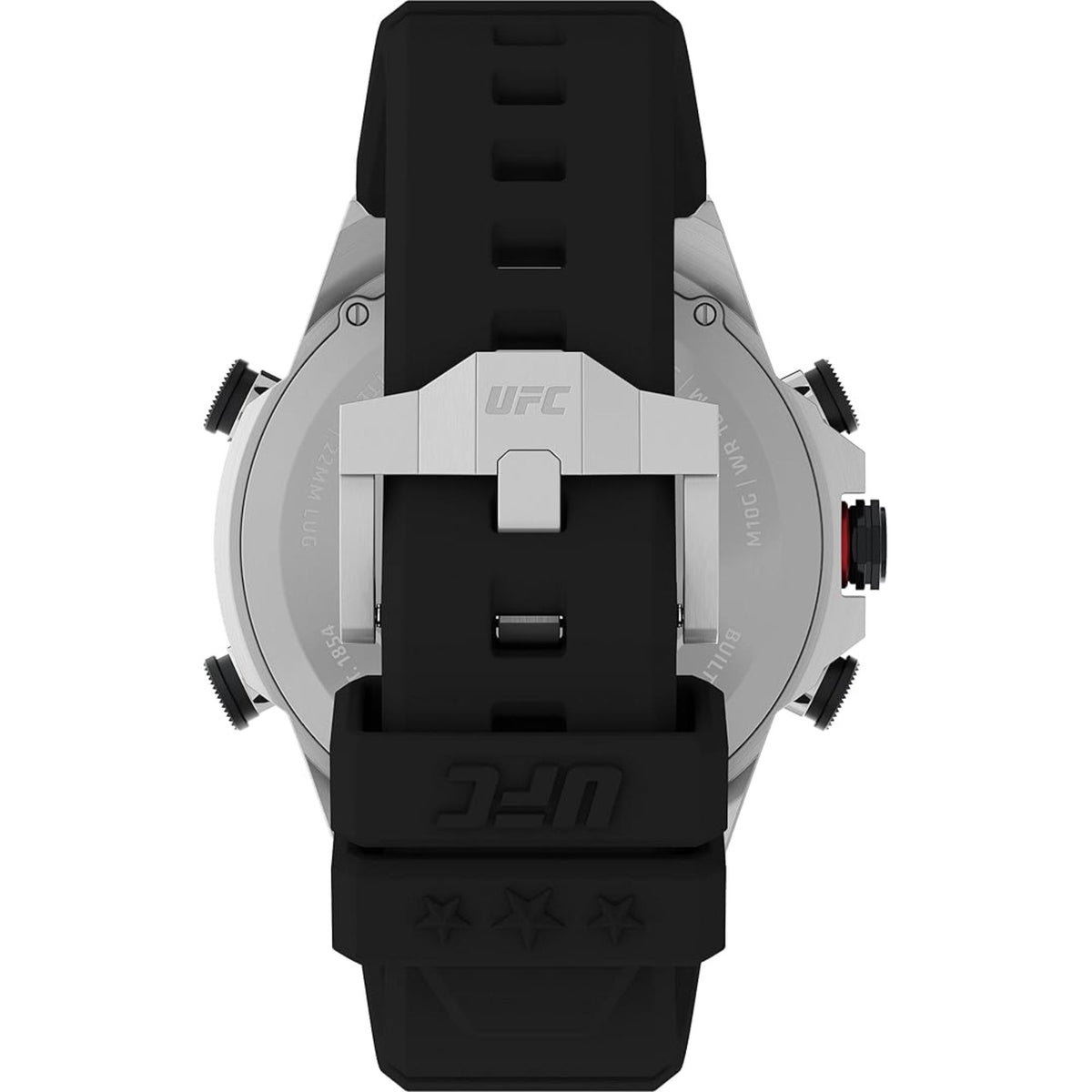 Timex UFC TW2V86700 black rubber strap and stainless steel buckle detail back view