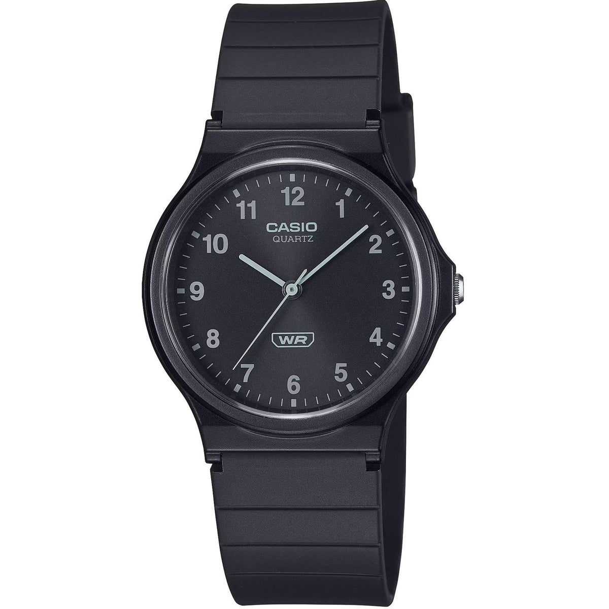 Black analog quartz wristwatch with black resin strap, round dial numerals, WR