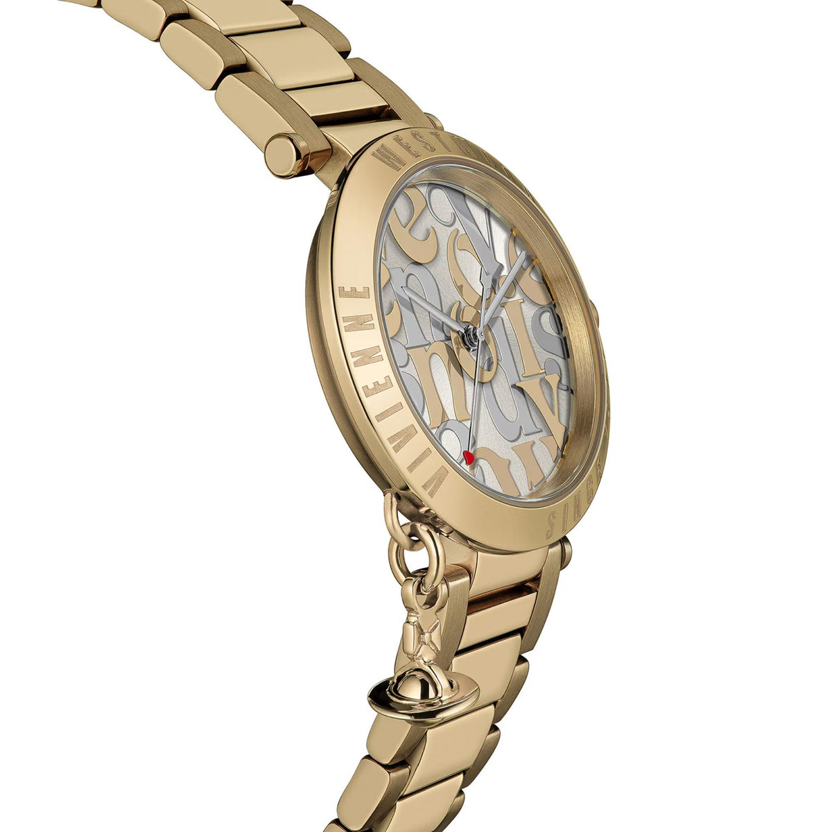 Vivienne Westwood Orb Logomania VV315LWGGD angled view displaying champagne dial and orb charm attachment