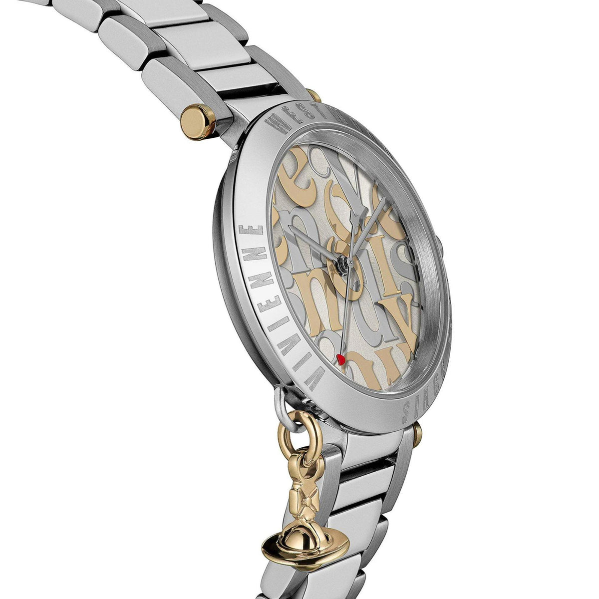 Vivienne Westwood Orb Logomania VV315WSSL close-up view of silver dial with steel case profile and orb charm