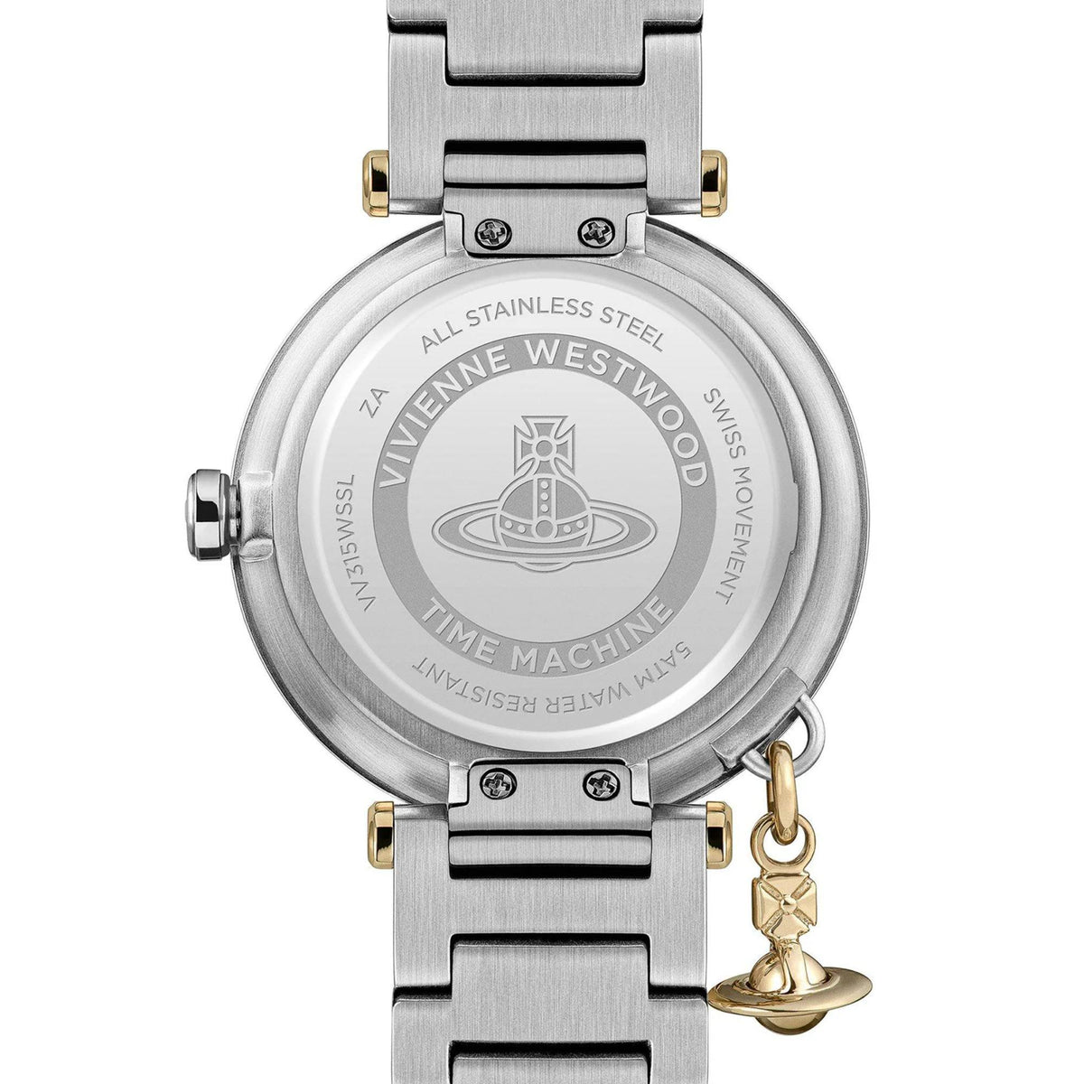 Vivienne Westwood Orb Logomania VV315WSSL back case showing engraved brand logo and product details