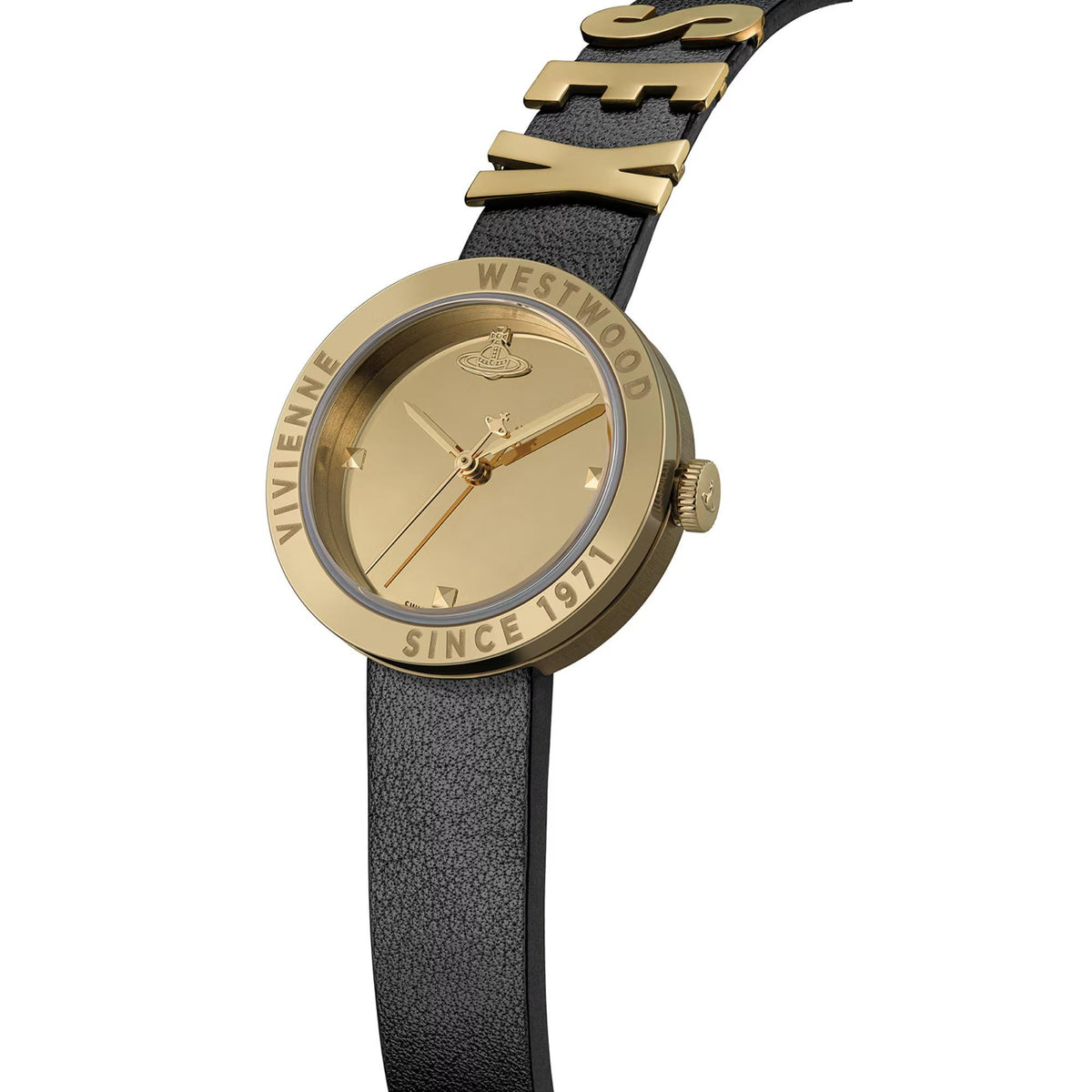 Vivienne Westwood VV303BKGD angled view displaying gold dial, polished bezel, and black leather strap