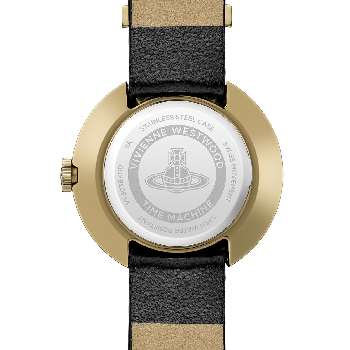 Vivienne Westwood VV303BKGD case back displaying engraved brand logo and model specifications