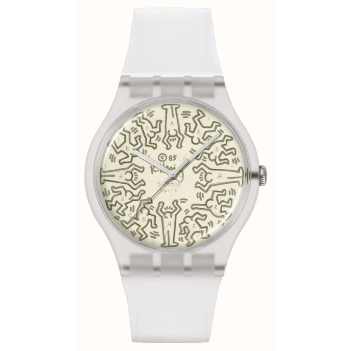 Quartz wristwatch with beige illustrated dial and transparent silicone strap, round case.