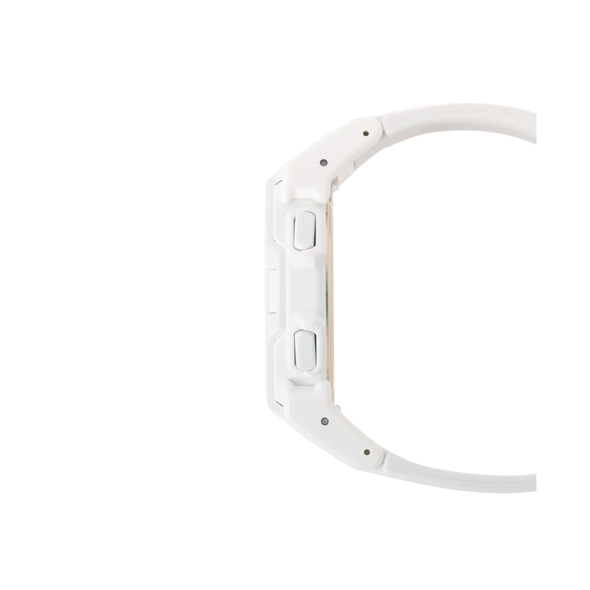 White resin G-Shock watch side profile with strap links and button area.