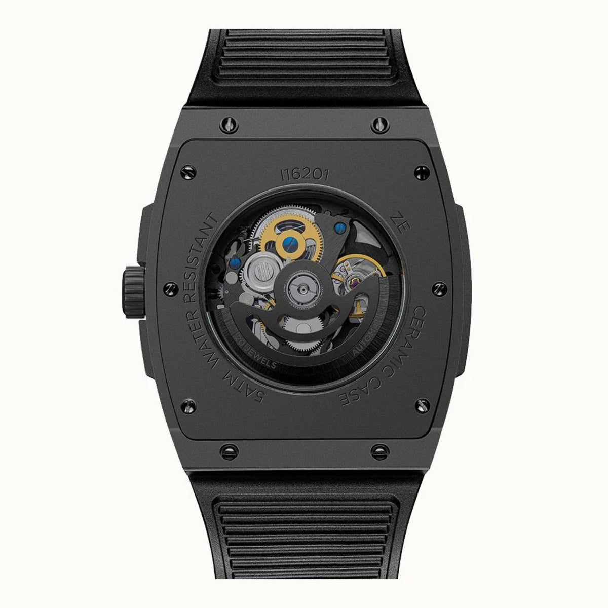 Black automatic skeleton watch back view with textured bezel and engraved 116201.
