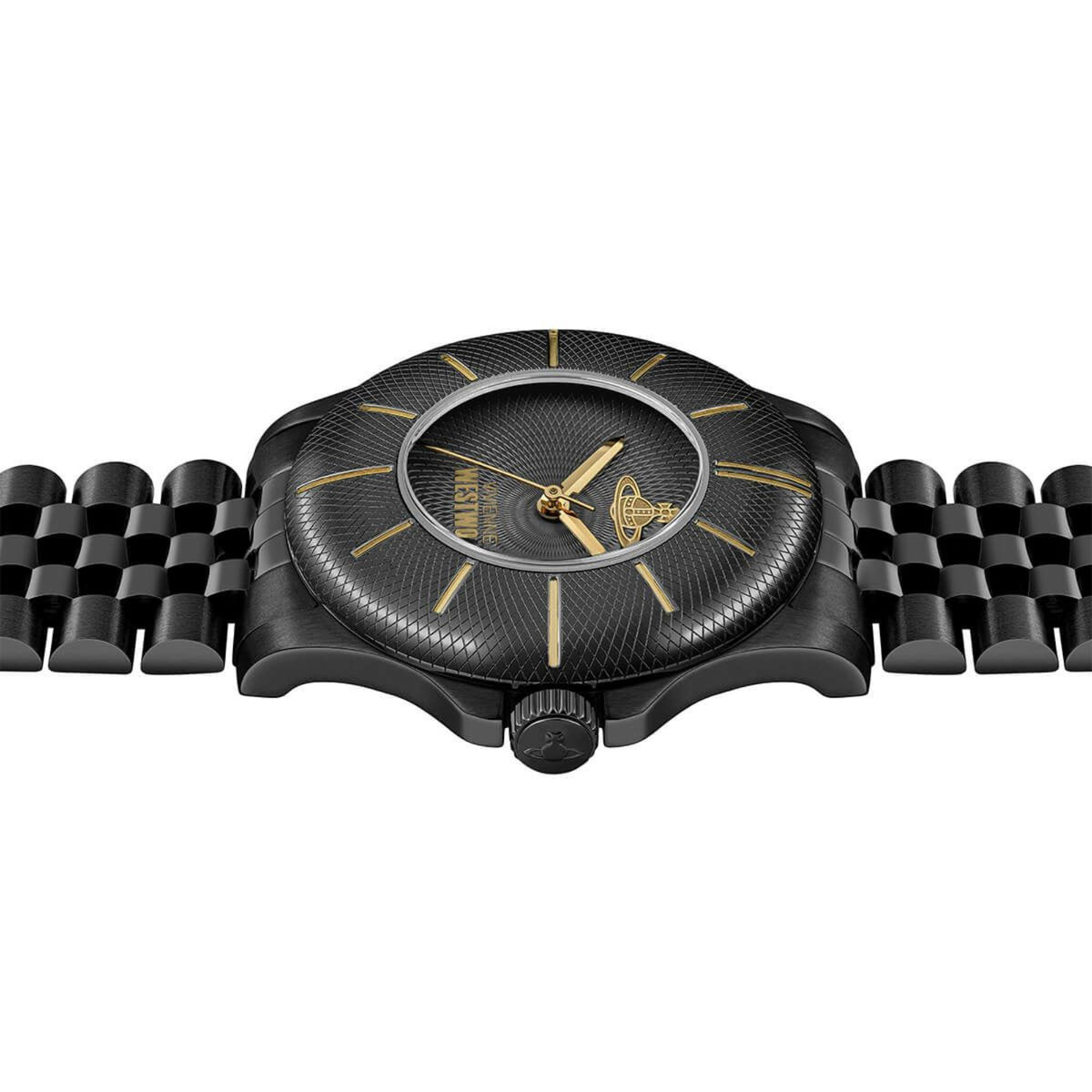 Vivienne Westwood Walbrook VV309BKBK side view showcasing crown detail and steel case construction