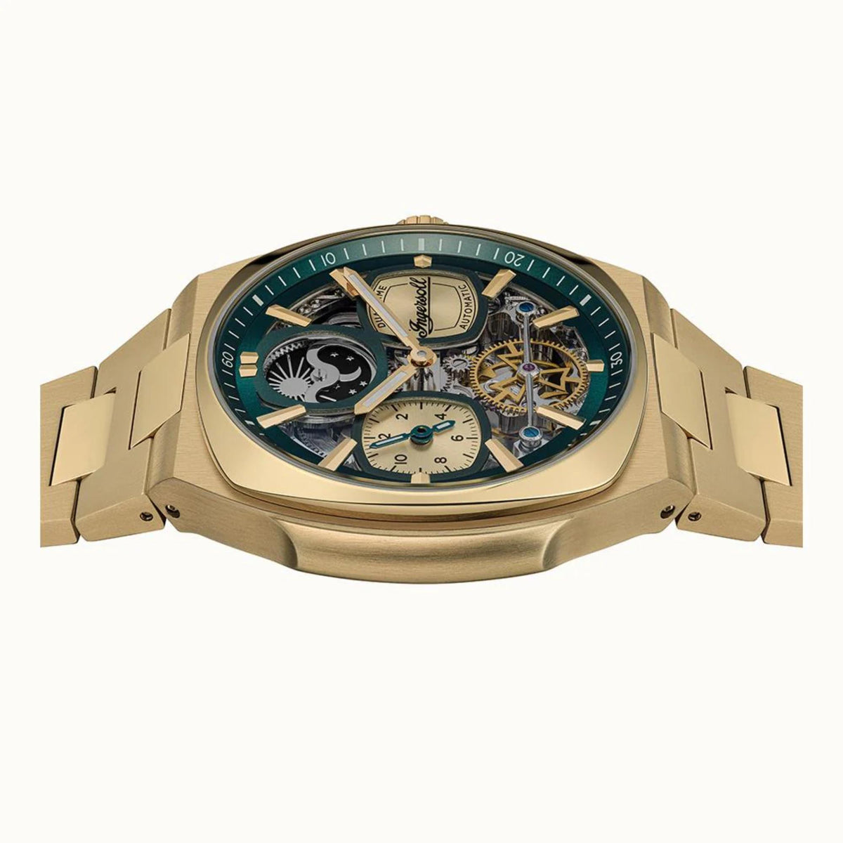 Men’s automatic watch with teal dial, gold-toned hands, and exposed gear mechanism.