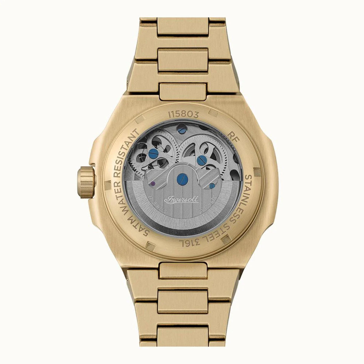 Men’s automatic watch case back with engraved text and a movement window.