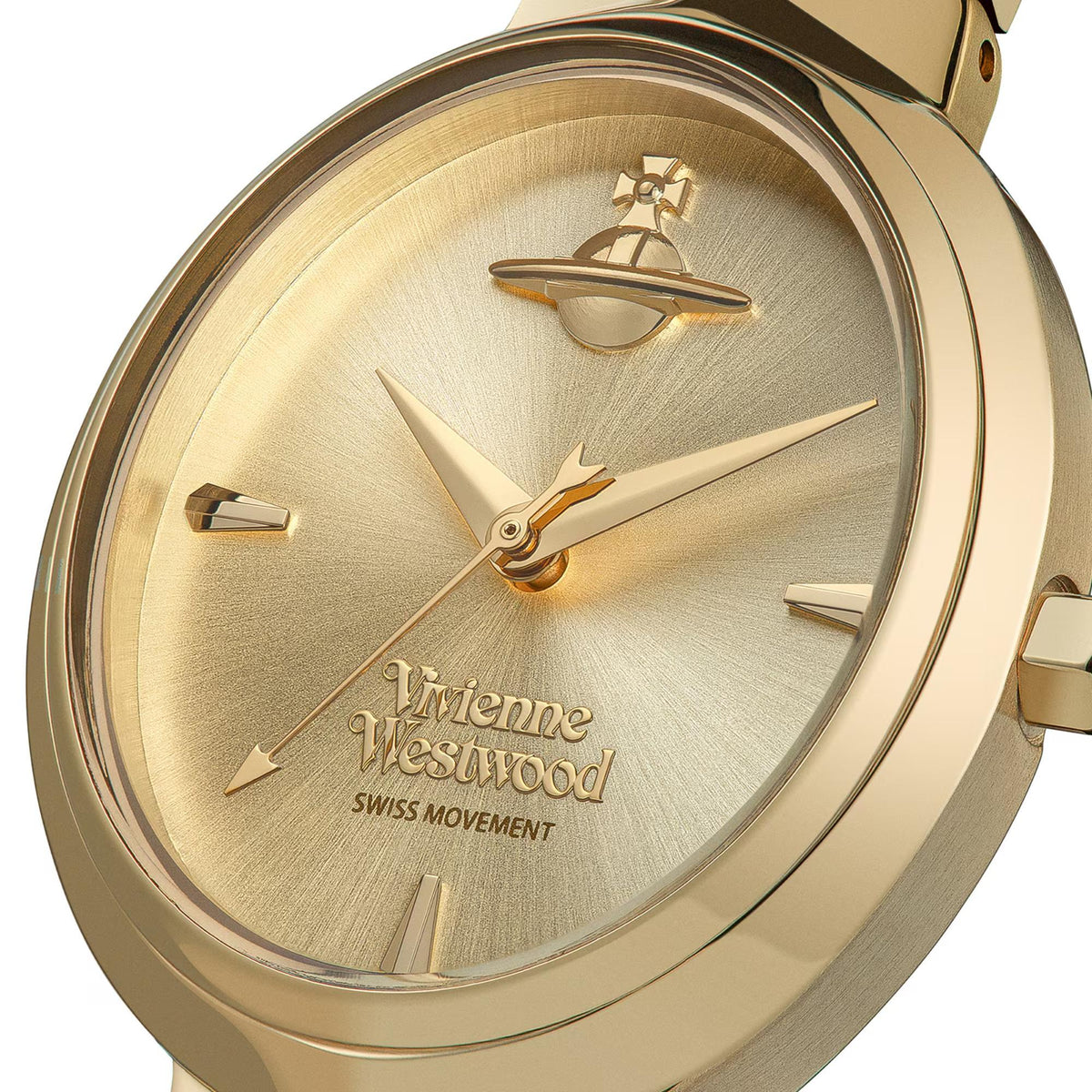 Gold-tone oval dial close-up with Vivienne Westwood logo, three hands, and baton hour markers