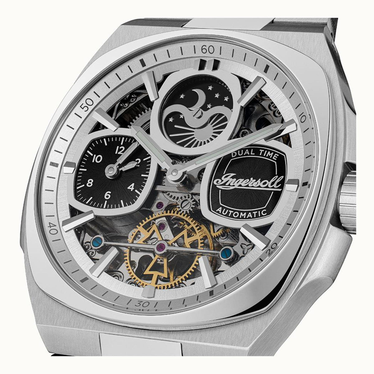 Men’s skeleton watch dial close-up with silver gears, black moon detail, Dual Time badge