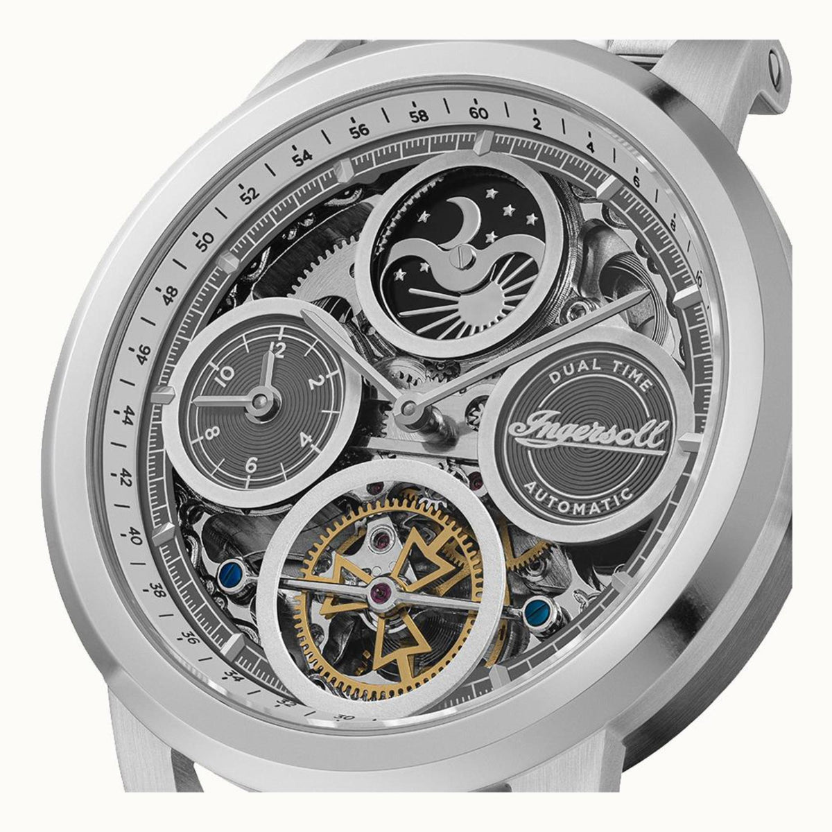 Men's automatic watch close-up, silver skeleton dial with dual-time and sub dials