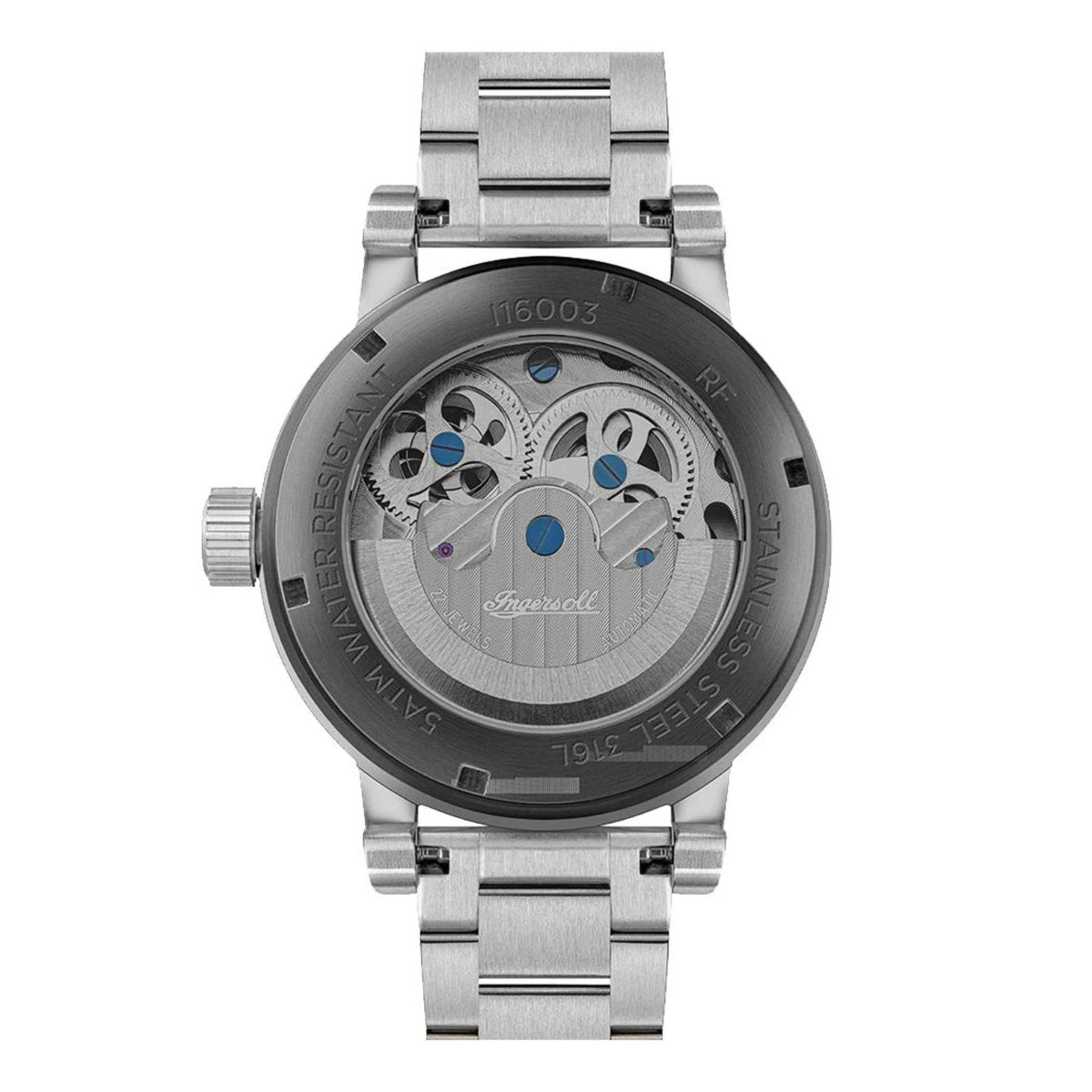 Men's automatic watch case back with visible gears, steel bracelet, crown on side