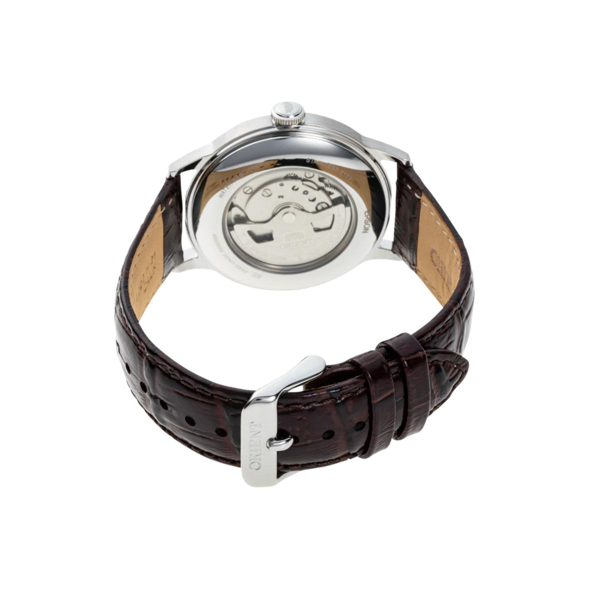 Orient Bambino RA-AK0705R30B automatic watch caseback on brown leather strap with fold-over clasp