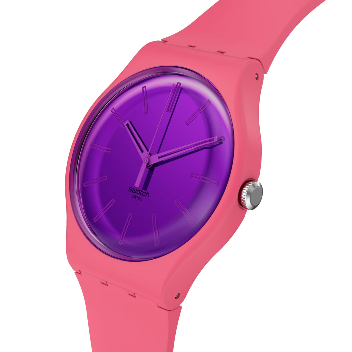Swatch silicone watch close-up: pink case and strap with purple dial and crown