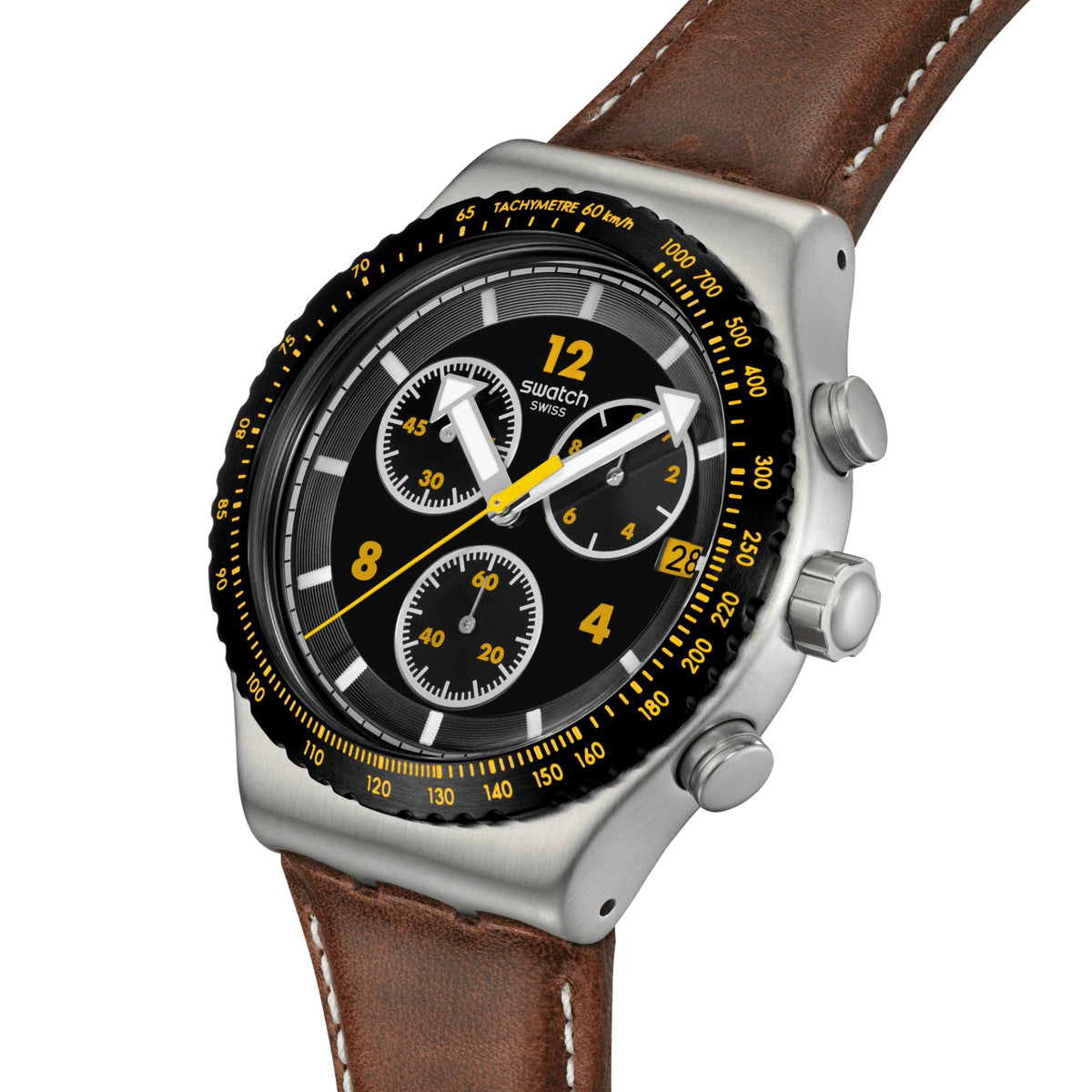 Leather strap chronograph watch with black dial, yellow bezel marks, steel case buttons