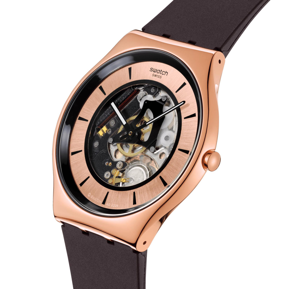 Rose gold–tone skeleton dial silicone watch with crown and black bezel